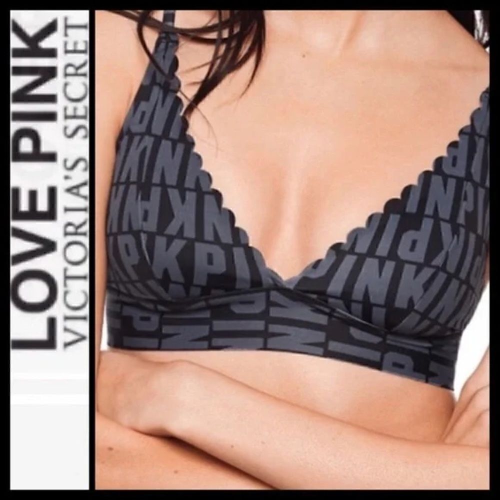PINK Victoria's Secret Black and Grey Bonded Scalloped Bralette Bra